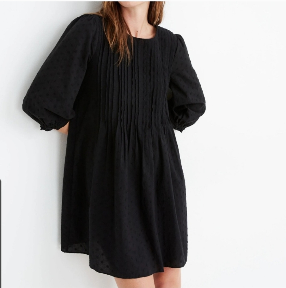 Madewell Black Pintuck Babydoll Mini Dress Cotton Embroidered Size‎ XS